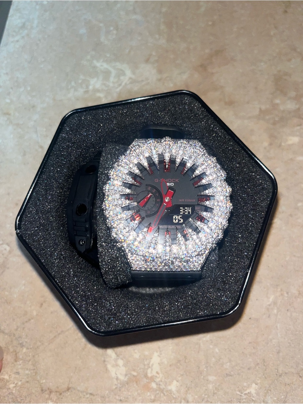 G-Shock Black Watch with Silver Crystal Bezel and Red Accents